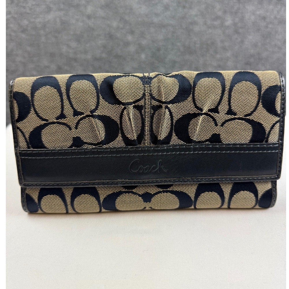Vintage Coach Signature C Jacquard Long Wallet Navy Clutch Canvas Leather Trim